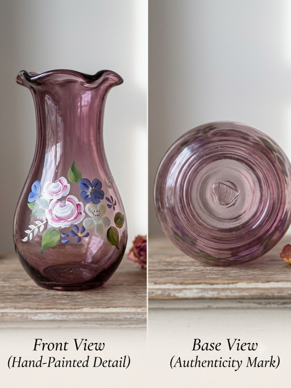 Vintage Hand-Painted Amethyst Glass Vase | Cottagecore Floral Decor